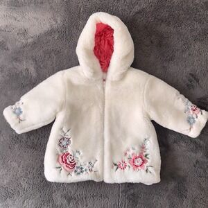 Baby Gap Faux Fur Coat Jacket 18-24 Mos Ivory‎ Lined Embroidered Winter Holiday